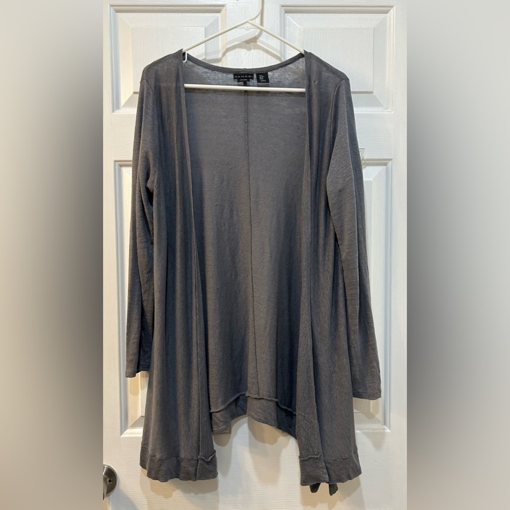 Tahari Lightweight Linen‎ Cardigan Size M Gray Minimalist Cottage Beachy Preppy